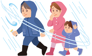 雨風が吹く中避難する家族のイラスト