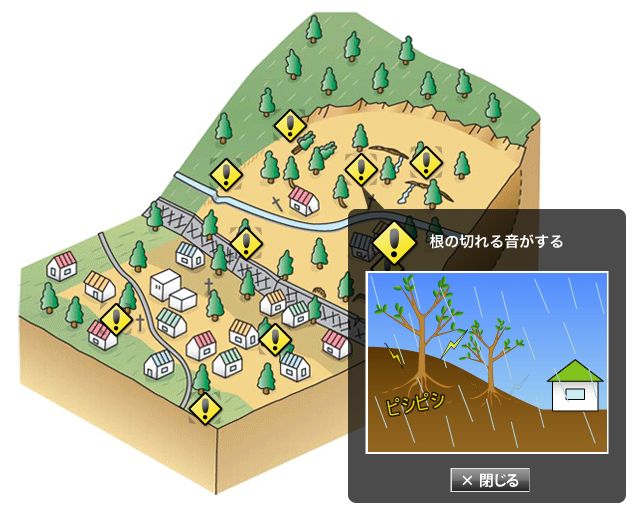 イラスト、地すべりの前兆で、根の切れる音がする